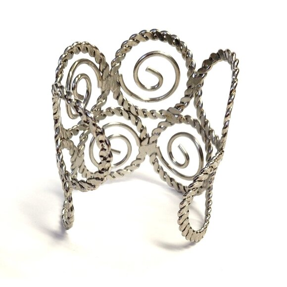Wide Silver Tone Cuff Swirl Bracelet - Cut Out Design - Picture 2 of 3